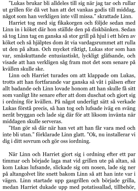 ”Lukas brukar bli alldeles till sig när jag tar och rullar ut grillen för då vet han att det vankas godis till middag, något som han verkligen inte vill missa.” skrattade Linn. Harriet tog med sig fikakorgen och följde sedan med Linn in i köket där hon ställde den på diskbänken. Sedan så tog Linn tag en ganska så stor grill på hjul i ett hörn av köket och så hjälptes dom åt via vardagsrummet att rulla ut den på altan. Och mycket riktigt, Lukas stor som han var, småskuttande entusiastiskt, lyckligt gläfsande, och visade att han verkligen såg fram mot det som senare på kvällen skulle ske. Linn och Harriet turades om att klappade om Lukas, trotts att han fortfarande var ganska så våt i pälsen efter allt badande och Linn lovade honom att han skulle få sitt som vanligt lite senare efter att dom duschat och gjort sig i ordning för kvällen. På något underligt sätt så verkade Lukas förstå precis, så han tog och lufsade iväg en sväng neråt bryggan och lade sig där för att liksom invänta när middagen skulle serveras. ”Han gör så där när han vet att han får vara med och inte bli utan.” förklarade Linn glatt. ”Ok, nu installerar vi dig i ditt sovrum och gör oss iordning.  När Linn och Harriet gjort sig i ordning efter ett par timmar och började laga mat vid grillen ute på altan, så kom Lukas lufsande, slickade sig om nosen, lade sig ner på altangolvet lite snett bakom Linn så att han inte var i vägen. Linn startade upp gasgrillen och började grilla, medan Harriet dukade upp med potatissallad, tillbehör,