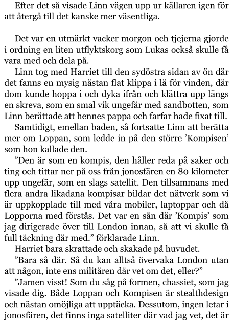 Efter det så visade Linn vägen upp ur källaren igen för att återgå till det kanske mer väsentliga.  Det var en utmärkt vacker morgon och tjejerna gjorde i ordning en liten utflyktskorg som Lukas också skulle få vara med och dela på. Linn tog med Harriet till den sydöstra sidan av ön där det fanns en mysig nästan flat klippa i lä för vinden, där dom kunde hoppa i och dyka ifrån och klättra upp längs en skreva, som en smal vik ungefär med sandbotten, som Linn berättade att hennes pappa och farfar hade fixat till. Samtidigt, emellan baden, så fortsatte Linn att berätta mer om Loppan, som ledde in på den större ’Kompisen’ som hon kallade den. ”Den är som en kompis, den håller reda på saker och ting och tittar ner på oss från jonosfären en 80 kilometer upp ungefär, som en slags satellit. Den tillsammans med flera andra likadana kompisar bildar det nätverk som vi är uppkopplade till med våra mobiler, laptoppar och då Lopporna med förstås. Det var en sån där ’Kompis’ som jag dirigerade över till London innan, så att vi skulle få full täckning där med.” förklarade Linn. Harriet bara skrattade och skakade på huvudet. ”Bara så där. Så du kan alltså övervaka London utan att någon, inte ens militären där vet om det, eller?” ”Jamen visst! Som du såg på formen, chassiet, som jag visade dig. Både Loppan och Kompisen är stealthdesign och nästan omöjliga att upptäcka. Dessutom, ingen letar i jonosfären, det finns inga satelliter där vad jag vet, det är