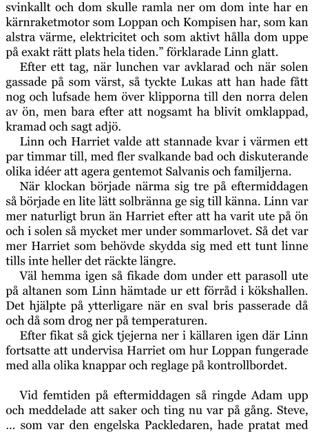 svinkallt och dom skulle ramla ner om dom inte har en kärnraketmotor som Loppan och Kompisen har, som kan alstra värme, elektricitet och som aktivt hålla dom uppe på exakt rätt plats hela tiden.” förklarade Linn glatt. Efter ett tag, när lunchen var avklarad och när solen gassade på som värst, så tyckte Lukas att han hade fått nog och lufsade hem över klipporna till den norra delen av ön, men bara efter att nogsamt ha blivit omklappad, kramad och sagt adjö. Linn och Harriet valde att stannade kvar i värmen ett par timmar till, med fler svalkande bad och diskuterande olika idéer att agera gentemot Salvanis och familjerna. När klockan började närma sig tre på eftermiddagen så började en lite lätt solbränna ge sig till känna. Linn var mer naturligt brun än Harriet efter att ha varit ute på ön och i solen så mycket mer under sommarlovet. Så det var mer Harriet som behövde skydda sig med ett tunt linne tills inte heller det räckte längre. Väl hemma igen så fikade dom under ett parasoll ute på altanen som Linn hämtade ur ett förråd i kökshallen. Det hjälpte på ytterligare när en sval bris passerade då och då som drog ner på temperaturen. Efter fikat så gick tjejerna ner i källaren igen där Linn fortsatte att undervisa Harriet om hur Loppan fungerade med alla olika knappar och reglage på kontrollbordet.  Vid femtiden på eftermiddagen så ringde Adam upp och meddelade att saker och ting nu var på gång. Steve, … som var den engelska Packledaren, hade pratat med