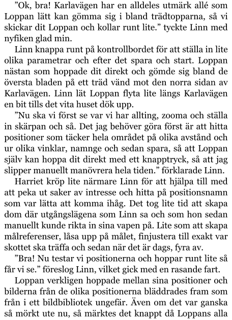 ”Ok, bra! Karlavägen har en alldeles utmärk allé som Loppan lätt kan gömma sig i bland trädtopparna, så vi skickar dit Loppan och kollar runt lite.” tyckte Linn med nyfiken glad min. Linn knappa runt på kontrollbordet för att ställa in lite olika parametrar och efter det spara och start. Loppan nästan som hoppade dit direkt och gömde sig bland de översta bladen på ett träd vänd mot den norra sidan av Karlavägen. Linn lät Loppan flyta lite längs Karlavägen en bit tills det vita huset dök upp. ”Nu ska vi först se var vi har allting, zooma och ställa in skärpan och så. Det jag behöver göra först är att hitta positioner som täcker hela området på olika avstånd och ur olika vinklar, namnge och sedan spara, så att Loppan själv kan hoppa dit direkt med ett knapptryck, så att jag slipper manuellt manövrera hela tiden.” förklarade Linn. Harriet kröp lite närmare Linn för att hjälpa till med att peka ut saker av intresse och hitta på positionsnamn som var lätta att komma ihåg. Det tog lite tid att skapa dom där utgångslägena som Linn sa och som hon sedan manuellt kunde rikta in sina vapen på. Lite som att skapa målreferenser, låsa upp på målet, finjustera till exakt var skottet ska träffa och sedan när det är dags, fyra av. ”Bra! Nu testar vi positionerna och hoppar runt lite så får vi se.” föreslog Linn, vilket gick med en rasande fart. Loppan verkligen hoppade mellan sina positioner och bilderna från de olika positionerna bläddrades fram som från i ett bildbibliotek ungefär. Även om det var ganska så mörkt ute nu, så märktes det knappt då Loppans alla