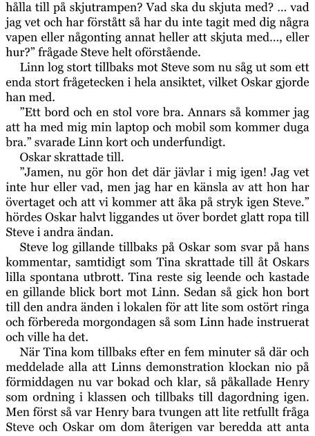 hålla till på skjutrampen? Vad ska du skjuta med? … vad jag vet och har förstått så har du inte tagit med dig några vapen eller någonting annat heller att skjuta med…, eller hur?” frågade Steve helt oförstående. Linn log stort tillbaks mot Steve som nu såg ut som ett enda stort frågetecken i hela ansiktet, vilket Oskar gjorde han med. ”Ett bord och en stol vore bra. Annars så kommer jag att ha med mig min laptop och mobil som kommer duga bra.” svarade Linn kort och underfundigt. Oskar skrattade till. ”Jamen, nu gör hon det där jävlar i mig igen! Jag vet inte hur eller vad, men jag har en känsla av att hon har övertaget och att vi kommer att åka på stryk igen Steve.” hördes Oskar halvt liggandes ut över bordet glatt ropa till Steve i andra ändan. Steve log gillande tillbaks på Oskar som svar på hans kommentar, samtidigt som Tina skrattade till åt Oskars lilla spontana utbrott. Tina reste sig leende och kastade en gillande blick bort mot Linn. Sedan så gick hon bort till den andra änden i lokalen för att lite som ostört ringa och förbereda morgondagen så som Linn hade instruerat och ville ha det. När Tina kom tillbaks efter en fem minuter så där och meddelade alla att Linns demonstration klockan nio på förmiddagen nu var bokad och klar, så påkallade Henry som ordning i klassen och tillbaks till dagordning igen. Men först så var Henry bara tvungen att lite retfullt fråga Steve och Oskar om dom återigen var beredda att anta