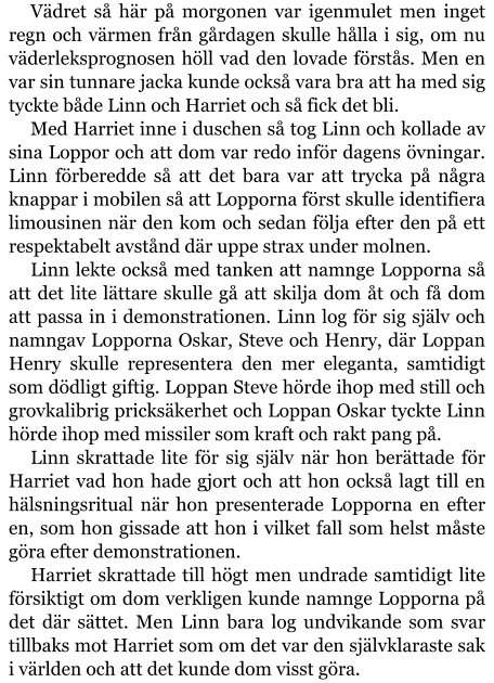 Vädret så här på morgonen var igenmulet men inget regn och värmen från gårdagen skulle hålla i sig, om nu väderleksprognosen höll vad den lovade förstås. Men en var sin tunnare jacka kunde också vara bra att ha med sig tyckte både Linn och Harriet och så fick det bli.  Med Harriet inne i duschen så tog Linn och kollade av sina Loppor och att dom var redo inför dagens övningar. Linn förberedde så att det bara var att trycka på några knappar i mobilen så att Lopporna först skulle identifiera limousinen när den kom och sedan följa efter den på ett respektabelt avstånd där uppe strax under molnen. Linn lekte också med tanken att namnge Lopporna så att det lite lättare skulle gå att skilja dom åt och få dom att passa in i demonstrationen. Linn log för sig själv och namngav Lopporna Oskar, Steve och Henry, där Loppan Henry skulle representera den mer eleganta, samtidigt som dödligt giftig. Loppan Steve hörde ihop med still och grovkalibrig pricksäkerhet och Loppan Oskar tyckte Linn hörde ihop med missiler som kraft och rakt pang på. Linn skrattade lite för sig själv när hon berättade för Harriet vad hon hade gjort och att hon också lagt till en hälsningsritual när hon presenterade Lopporna en efter en, som hon gissade att hon i vilket fall som helst måste göra efter demonstrationen. Harriet skrattade till högt men undrade samtidigt lite försiktigt om dom verkligen kunde namnge Lopporna på det där sättet. Men Linn bara log undvikande som svar tillbaks mot Harriet som om det var den självklaraste sak i världen och att det kunde dom visst göra.