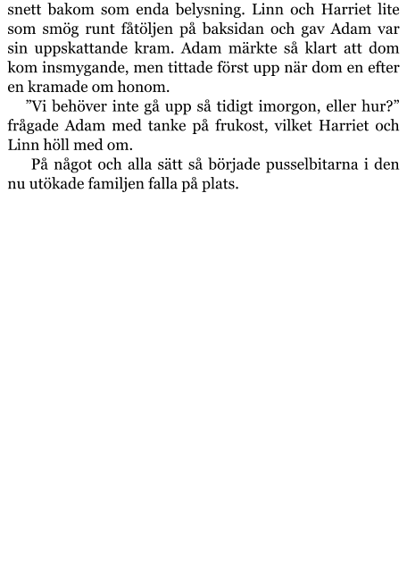 snett bakom som enda belysning. Linn och Harriet lite som smög runt fåtöljen på baksidan och gav Adam var sin uppskattande kram. Adam märkte så klart att dom kom insmygande, men tittade först upp när dom en efter en kramade om honom. ”Vi behöver inte gå upp så tidigt imorgon, eller hur?” frågade Adam med tanke på frukost, vilket Harriet och Linn höll med om.  På något och alla sätt så började pusselbitarna i den nu utökade familjen falla på plats.