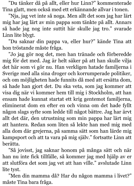 ”Du tänker då på allt, eller hur Linn?” kommenterade Tina glatt, men också med ett erkännande allvar i tonen. ”Nja, jag vet inte så noga. Men allt det som jag har lärt mig har jag lärt av min pappa som tänkte på allt. Annars så hade jag nog inte suttit här skulle jag tro.” svarade Linn lite blygt. ”Du saknar din pappa va, eller hur?” kände Tina att hon tröstande måste fråga. ”Jo jag gör nog det, men han tränade och förberedde mig för det med. Jag är helt säker på att han skulle vilja det här som vi gör nu. Han verkligen hatade familjerna i Sverige med alla sina droger och korrumperade politiker, och om möjligheten hade funnits då med att ersätta dom, så hade han gjort det. Du ska veta, som jag kommer att visa dig när vi kommer hem till mig i Stockholm, att han ensam hade kunnat startat ett krig gentemot familjerna, eliminerat dom en efter en och vinna om det hade fyllt någon slags syfte som ledde till något bättre. Jag har ärvt allt det där, den utrustning som min pappa har lärt mig att hantera. Redan som liten så lekte han med mig med alla dom där grejerna, på samma sätt som han lärde mig kampsport och att ta vara på mig själv.” fortsatte Linn att berätta. ”Så jovisst, jag saknar honom på många sätt och när han nu inte fick tillfälle, så kommer jag med hjälp av er att slutföra det som jag vet att han ville.” avslutade Linn lite tyst. ”Men din mamma då? Har du någon mamma i livet?” måste Tina bara fråga.