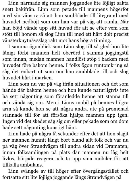 Linn närmade sig mannen joggandes lite löjligt sakta snett bakifrån. Linn som petade till mannens högerfot med sin vänstra så att han snubblade till litegrand med huvudet nedböjt som om han var på väg att ramla. När han böjd vände upp sitt huvud för att se efter vem som stött till honom så slog Linn till med ett hårt dolt precist vänsterknytnävsslag rakt mot hans högra tinning. I samma ögonblick som Linn slog till så gled hon lite fånigt förbi mannen helt oberörd i samma joggingstil som innan, medan mannen handlöst stöp i backen med huvudet före bakom henne. I folks ögon runtomkring så såg det enbart ut som om han snubblade till och slog huvudet hårt i marken. Linn som nu var på väg ifrån situationen och det som hände där bakom henne och hon kunde naturligtvis inte ha sett någonting som föranledde henne att stanna till och vända sig om. Men i Linns mobil på hennes högra arm så kunde hon se att några andra ute på promenad stannade till för att försöka hjälpa mannen upp igen. Ingen vid det skedet såg sig om eller pekade som om dom hade sett någonting konstigt hänt. Linn hade på några få sekunder efter det att hon slagit ner mannen hunnit långt bort bland allt folk och var nu på väg över Strandvägen till andra sidan vid Dramaten, innan folksamlingen på plats där mannen nu låg helt livlös, började reagera och ta upp sina mobiler för att tillkalla ambulans. Linn svängde av till höger efter övergångsstället och fortsatte sitt lite löjliga joggande längs Strandvägen på