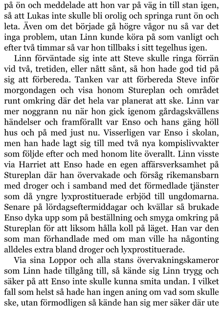 på ön och meddelade att hon var på väg in till stan igen, så att Lukas inte skulle bli orolig och springa runt ön och leta. Även om det började gå högre vågor nu så var det inga problem, utan Linn kunde köra på som vanligt och efter två timmar så var hon tillbaks i sitt tegelhus igen. Linn förväntade sig inte att Steve skulle ringa förrän vid två, tretiden, eller nått sånt, så hon hade god tid på sig att förbereda. Tanken var att förbereda Steve inför morgondagen och visa honom Stureplan och området runt omkring där det hela var planerat att ske. Linn var mer noggrann nu när hon gick igenom gårdagskvällens händelser och framförallt var Enso och hans gäng höll hus och på med just nu. Visserligen var Enso i skolan, men han hade lagt sig till med två nya kompislivvakter som följde efter och med honom lite överallt. Linn visste via Harriet att Enso hade en egen affärsverksamhet på Stureplan där han övervakade och försåg rikemansbarn med droger och i samband med det förmedlade tjänster som då yngre lyxprostituerade erbjöd till ungdomarna. Senare på lördagseftermiddagar och kvällar så brukade Enso dyka upp som på beställning och smyga omkring på Stureplan för att liksom hålla koll på läget. Han var den som man förhandlade med om man ville ha någonting alldeles extra bland droger och lyxprostituerade. Via sina Loppor och alla stans övervakningskameror som Linn hade tillgång till, så kände sig Linn trygg och säker på att Enso inte skulle kunna smita undan. I vilket fall som helst så hade han ingen aning om vad som skulle ske, utan förmodligen så kände han sig mer säker där ute