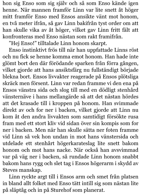 hon sig Enso som sig själv och så som Enso kände igen henne. När mannen framför Linn var lite snett åt höger mitt framför Enso med Ensos ansikte vänt mot honom, en två meter ifrån, så gav Linn bakifrån tyst order om att han skulle vika av åt höger, vilket gav Linn fritt fält att konfronteras med Enso nästan som rakt framifrån. ”Hej Enso!” tilltalade Linn honom skarpt. Enso instinktivt frös till när han uppfattade Linns röst och nu fick se henne komma emot honom. Han hade inte glömt bort den där förödande sparken från förra gången, vilket gjorde att hans ansiktsfärg nu fullständigt började blekna bort. Ensos livvakter reagerade på Ensos plötsliga skräck men försent. Linn var redan framme vi den ena på Ensos vänstra sida och slog till med en dödligt stenhård vänsternäve i hans mellangärde så att det nästan hördes att det krasade till i kroppen på honom. Han svimmade direkt av och for ner i backen, vilket gjorde att Linn nu kom åt den andra livvakten som samtidigt försökte rusa fram med ett stort kliv vid sidan över sin kompis som for ner i backen. Men när han skulle sätta ner foten framme vid Linn så vek hon undan in mot hans vänstersida och utdelade ett stenhårt högerkarateslag lite snett bakom honom och mot hans nacke. När också han avsvimmad var på väg ner i backen, så rundade Linn honom snabbt bakom hans rygg och slet tag i Ensos högerarm i skydd av Steves manskap. Linn ryckte argt till i Ensos arm och smet från platsen in bland allt folket med Enso tätt intill sig som nästan lite på släptåg och in på Sturehof som planerat.