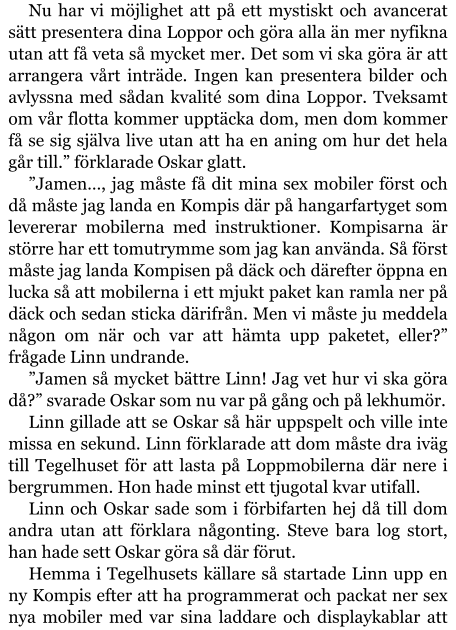 Nu har vi möjlighet att på ett mystiskt och avancerat sätt presentera dina Loppor och göra alla än mer nyfikna utan att få veta så mycket mer. Det som vi ska göra är att arrangera vårt inträde. Ingen kan presentera bilder och avlyssna med sådan kvalité som dina Loppor. Tveksamt om vår flotta kommer upptäcka dom, men dom kommer få se sig själva live utan att ha en aning om hur det hela går till.” förklarade Oskar glatt. ”Jamen…, jag måste få dit mina sex mobiler först och då måste jag landa en Kompis där på hangarfartyget som levererar mobilerna med instruktioner. Kompisarna är större har ett tomutrymme som jag kan använda. Så först måste jag landa Kompisen på däck och därefter öppna en lucka så att mobilerna i ett mjukt paket kan ramla ner på däck och sedan sticka därifrån. Men vi måste ju meddela någon om när och var att hämta upp paketet, eller?” frågade Linn undrande. ”Jamen så mycket bättre Linn! Jag vet hur vi ska göra då?” svarade Oskar som nu var på gång och på lekhumör. Linn gillade att se Oskar så här uppspelt och ville inte missa en sekund. Linn förklarade att dom måste dra iväg till Tegelhuset för att lasta på Loppmobilerna där nere i bergrummen. Hon hade minst ett tjugotal kvar utifall. Linn och Oskar sade som i förbifarten hej då till dom andra utan att förklara någonting. Steve bara log stort, han hade sett Oskar göra så där förut. Hemma i Tegelhusets källare så startade Linn upp en ny Kompis efter att ha programmerat och packat ner sex nya mobiler med var sina laddare och displaykablar att