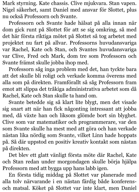 Mark styrning. Kate chassis. Clive mjukvara. Stan vapen. Nigel säkerhet, samt Daniel med ansvar för Slottet, plus nu också Professorn och Svante. Professorn och Svante hade hälsat på alla innan när dom gick runt på Slottet för att se sig omkring, så med det här första riktiga mötet på Slottet så tog arbetet med projektet nu fart på allvar. Professorns huvudansvariga var Rachel, Kate och Stan, och Svantes huvudansvariga var Clive, Fred och Mark, dom tre som Professorn och Svante främst skulle jobba ihop med. Professorn såg inga problem med det, han tyckte bara att det skulle bli roligt och verkade komma överens med alla som på direkten. Framförallt så såg Professorn fram emot att slippa det tråkiga administrativa arbetet som då Rachel, Kate och Stan skulle ta hand om. Svante betedde sig så klart lite blygt, men det visade sig snart att när han fick någonting intressant att jobba med, då växte han och liksom glömde bort sin blyghet. Clive som var matematiker och programmerare, var den som Svante skulle ha mest med att göra och han verkade nästan lika nördig som Svante, vilket Linn hade hoppats på. Så där uppstod en positiv kreativ kontakt som nästan på direkten. Det blev ett glatt vänligt första möte där Rachel, Kate och Stan redan under morgondagen skulle börja hjälpa Professorn med att bygga upp hans labb igen. En första tidig middag på Slottet var planerade med alla tolv närvarande i en nästan färdig både konferens- och matsal. Köket på Slottet var inte klart, men Daniel