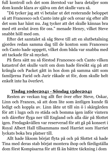 full kontroll och det som återstod var bara detaljer som dom kunde klara av själva om det skulle vara så. ”Då tycker jag att vi betalar ut det resterande beloppet så att Francesco och Canto inte går och oroar sig efter allt det som har hänt nu. Jag tycker att det skulle kännas bra med ett avslut även för oss.” menade Henry, vilket Steve snabbt höll med om. Efter det samtalet så såg Steve till att en slutbetalning gjordes redan samma dag till de konton som Francesco och Canto hade uppgett, vilket dom båda var snabba med att tackade för så mycket. På flera sätt nu så förstod Francesco och Canto vilken katastrof det skulle varit om dom hade försökt sig på att krångla och Packet gått in hos dom på samma sätt som familjerna Farid och Jarir råkade ut för, dom skulle helt enkelt inte ha överlevt.  	Tisdag 10dec2041 - Söndag 15dec2041 Resten av veckan tog allt fler över efter Steve, Oskar, Linn och Frances, så att dom lite som äntligen kunde få ledigt och koppla av. Linn åkte ut till sin ö i skärgården för att i lugn och ro städa och bomma igen inför vintern och därefter flyga ner till England och alla där på Slottet igen. Fredagskvällen var reserverad för att gå på konsert i Royal Albert Hall tillsammans med Harriet som Harriet lyckats boka bra platser till. Allt hade liksom börjat flyta på och på Slottet så hade Tina med deras stab börjat montera ihop och färdigställa dom först Kompisarna för att få än bättre täckning i dom